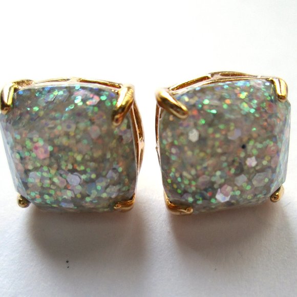 ♠ Kate Spade Opal Glitter Stud Earrings Gold Tone Square Cushion Resin Sparkly - Picture 3 of 12